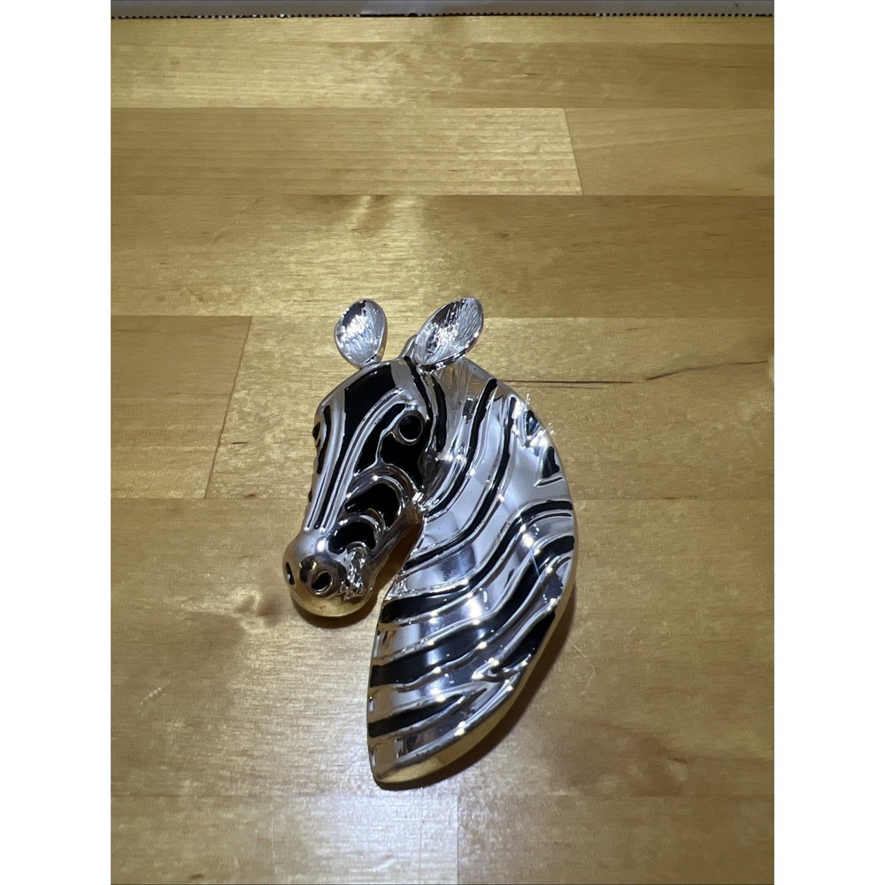 Vintage BEST Signed Zebra Head Pendant Brooch Pin Black Enamel Silver Tone 2.5"